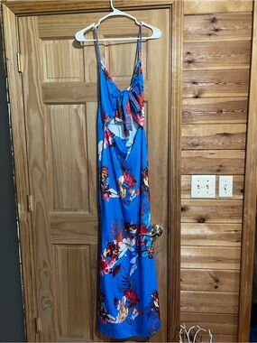 SHEIN Royal Blue Tropical Floral Maxi Dress with Front Tie